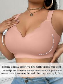 SHEIN Plus Size Women's Seamless Wirefree Bra Push Up Soft Support V-Neck Bra, Wide Strap Comfortable 1 Piece - Dusty Pink - View 7