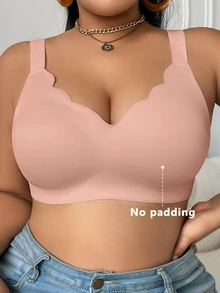 SHEIN Plus Size Women's Seamless Wirefree Bra Push Up Soft Support V-Neck Bra, Wide Strap Comfortable 1 Piece - Dusty Pink - View 9