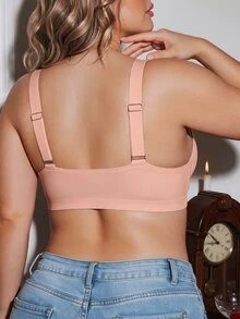 SHEIN Plus Size Women's Seamless Wirefree Bra Push Up Soft Support V-Neck Bra, Wide Strap Comfortable 1 Piece - Dusty Pink - View 2