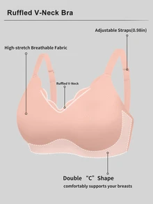 SHEIN Plus Size Women's Seamless Wirefree Bra Push Up Soft Support V-Neck Bra, Wide Strap Comfortable 1 Piece - Dusty Pink - View 8
