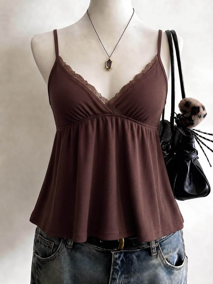 Lalippa Women's Lace Ruffle Hem Sweetheart Neckline Camisole Top - Brown - View 1