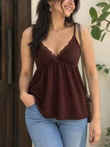 Lalippa Women's Lace Ruffle Hem Sweetheart Neckline Camisole Top - Brown - View 7