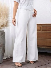SHEIN PETITE Women's Casual Versatile Solid Color Wide Leg Jeans,Petite Women Vacation White Summer - White - View 6