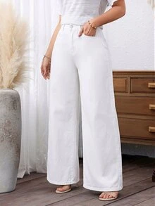 SHEIN PETITE Women's Casual Versatile Solid Color Wide Leg Jeans,Petite Women Vacation White Summer - White - View 4