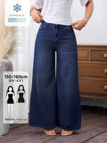 SHEIN PETITE Women's Pocket Button Casual Versatile Daily Wear Wide Leg Jeans ,Petite Women - Dark Wash - View 1