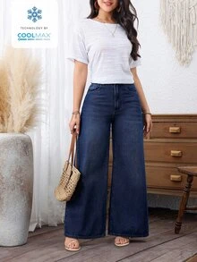 SHEIN PETITE Women's Pocket Button Casual Versatile Daily Wear Wide Leg Jeans ,Petite Women - Dark Wash - View 8