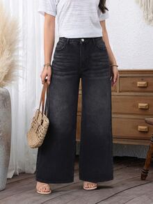SHEIN PETITE Women's Solid Color Slant Pocket Casual Versatile Wide Leg Jeans ,Petite Women - Black - View 4