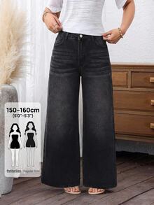 SHEIN PETITE Women's Solid Color Slant Pocket Casual Versatile Wide Leg Jeans ,Petite Women - Black - View 1