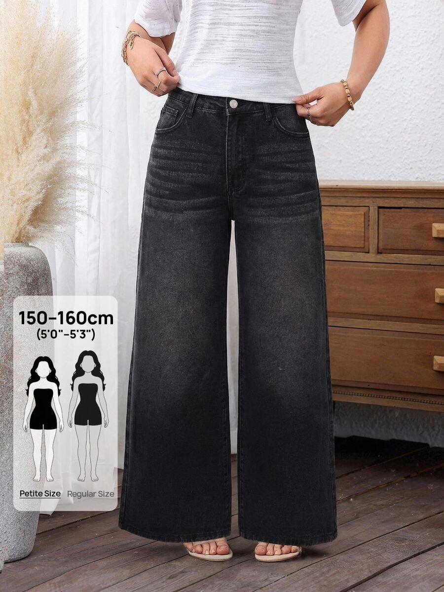 SHEIN PETITE Women's Solid Color Slant Pocket Casual Versatile Wide Leg Jeans ,Petite Women - Black - View 1