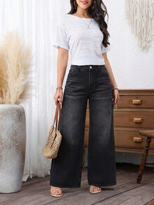 SHEIN PETITE Women's Solid Color Slant Pocket Casual Versatile Wide Leg Jeans ,Petite Women - Black - View 6