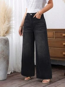 SHEIN PETITE Women's Solid Color Slant Pocket Casual Versatile Wide Leg Jeans ,Petite Women - Black - View 5