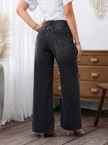 SHEIN PETITE Women's Solid Color Slant Pocket Casual Versatile Wide Leg Jeans ,Petite Women - Black - View 2