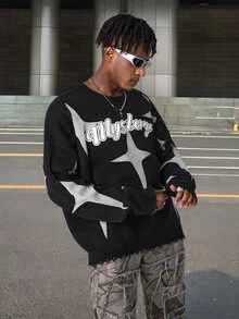 Manfinity LEGND Men's Letter & Star Print Crew Neck Long Sleeve Knitted Sweater - Multicolor - View 5