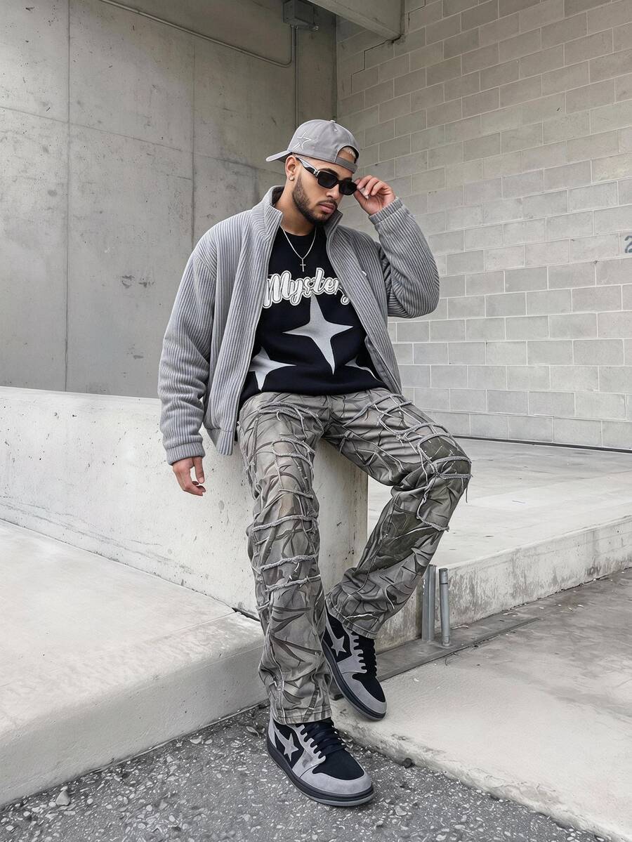 Manfinity LEGND Men's Letter & Star Print Crew Neck Long Sleeve Knitted Sweater - Multicolor - View 1