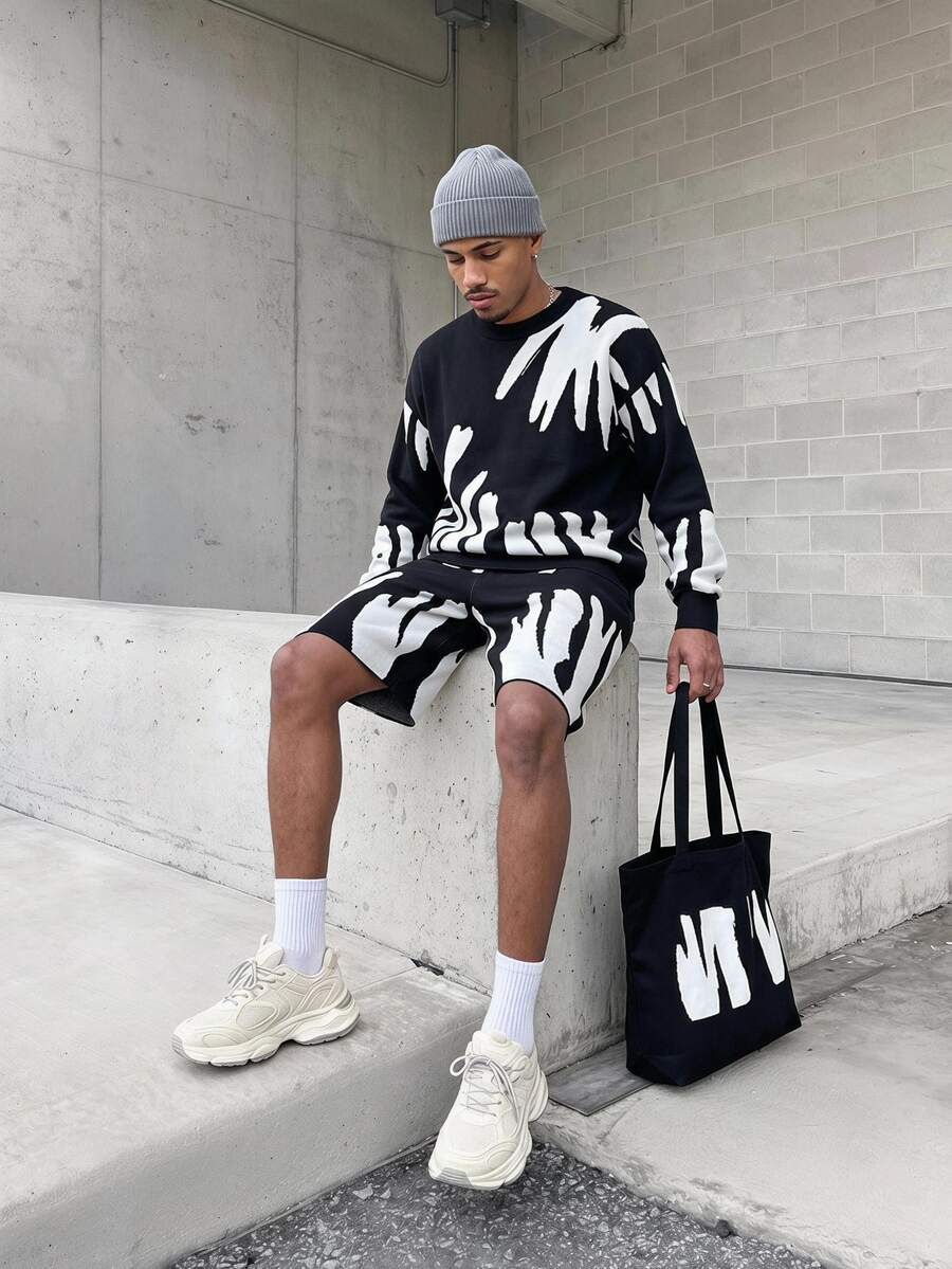 Manfinity LEGND 2pcs Men's Autumn Casual Color Blocking Pattern Sweater And Shorts Set - Dark Grey - View 1