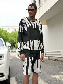 Manfinity LEGND 2pcs Men's Autumn Casual Color Blocking Pattern Sweater And Shorts Set - Dark Grey - View 3