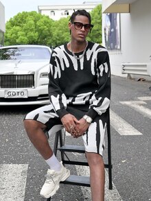 Manfinity LEGND 2pcs Men's Autumn Casual Color Blocking Pattern Sweater And Shorts Set - Dark Grey - View 4