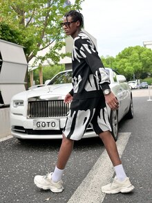 Manfinity LEGND 2pcs Men's Autumn Casual Color Blocking Pattern Sweater And Shorts Set - Dark Grey - View 5
