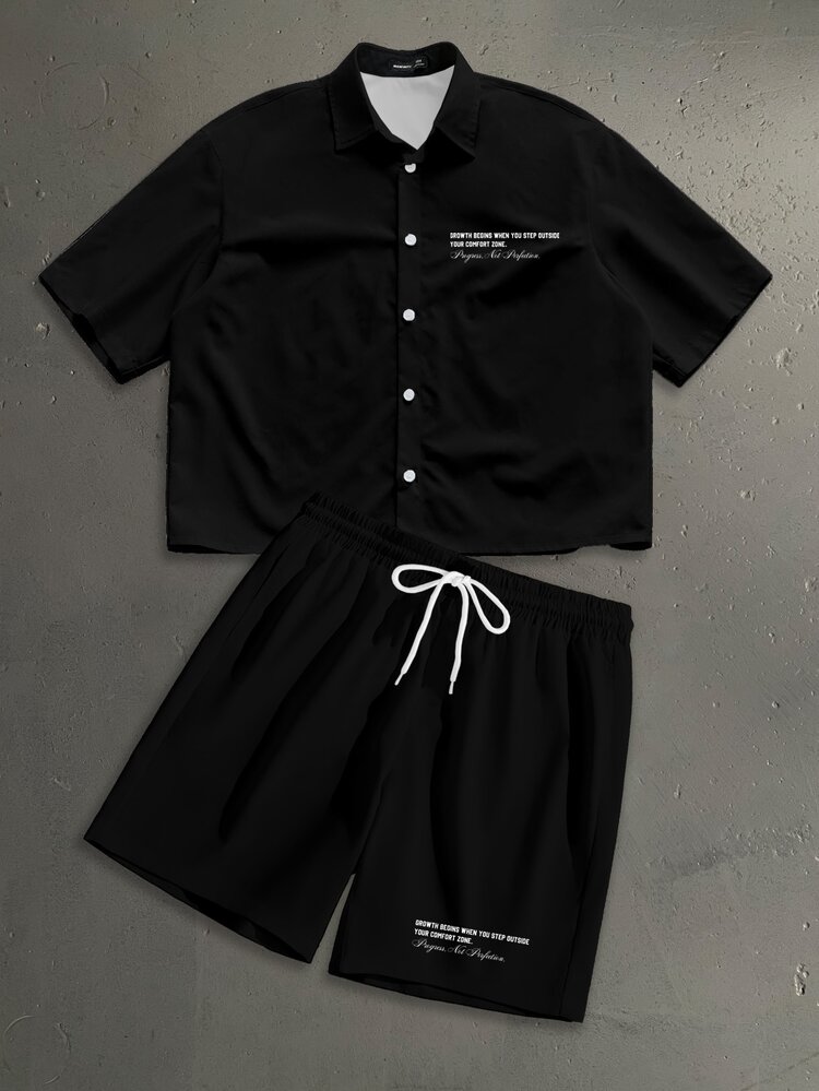Manfinity LEGND American Vintage Blurred Dot Print English Slogan Font Fashion Print Men's Standard Size Cropped Loose Fit Short Sleeve Polo Shirt Set - Black - View 5