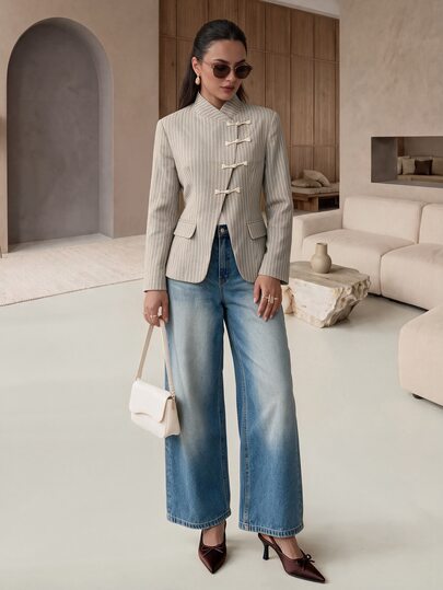 Rue Lumi Sage Green Vertical Stand Collar Loose Silhouette Blazer Jacket Women Autumn Slimming Casual Elegant Long Sleeve Suit Top Teachers' Day Office