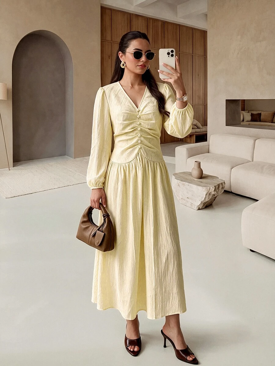 Rue Lumi Women's Ruched Textured Design Casual Romantic French Elegant Midi Dress Teachers' Day Office Brunch Tea Party Pale Yellow Fall