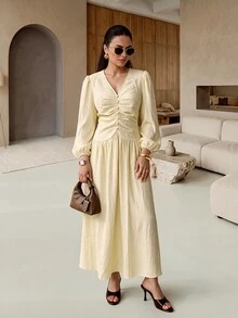 Rue Lumi Women's Ruched Textured Design Casual Romantic French Elegant Midi Dress Teachers' Day Office Brunch Tea Party Pale Yellow Fall - Apricot - View 7