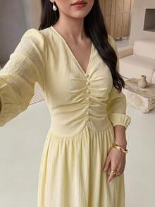 Rue Lumi Women's Ruched Textured Design Casual Romantic French Elegant Midi Dress Teachers' Day Office Brunch Tea Party Pale Yellow Fall - Apricot - View 4