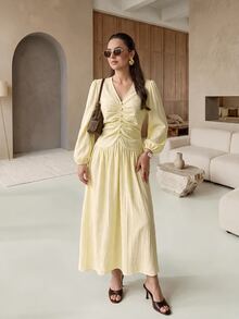 Rue Lumi Women's Ruched Textured Design Casual Romantic French Elegant Midi Dress Teachers' Day Office Brunch Tea Party Pale Yellow Fall - Apricot - View 8
