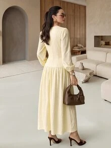 Rue Lumi Women's Ruched Textured Design Casual Romantic French Elegant Midi Dress Teachers' Day Office Brunch Tea Party Pale Yellow Fall - Apricot - View 3