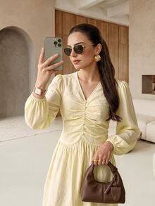 Rue Lumi Women's Ruched Textured Design Casual Romantic French Elegant Midi Dress Teachers' Day Office Brunch Tea Party Pale Yellow Fall - Apricot - View 6