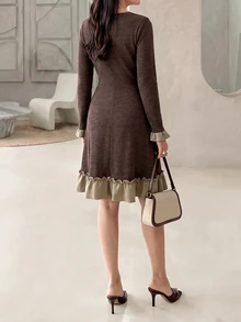 Rue Lumi Gaun Pendek Rajut Elegan Kasual Wanita Gaya Prancis, Warna Cokelat, Cocok untuk Kerja di Musim Gugur - Coklat - View 2