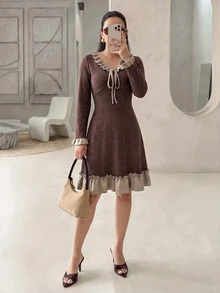 Rue Lumi Gaun Pendek Rajut Elegan Kasual Wanita Gaya Prancis, Warna Cokelat, Cocok untuk Kerja di Musim Gugur - Coklat - View 1