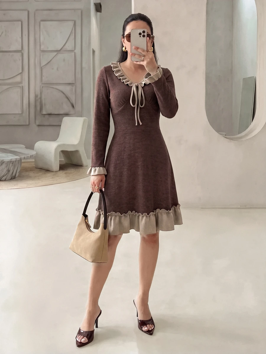 Rue Lumi Gaun Pendek Rajut Elegan Kasual Wanita Gaya Prancis, Warna Cokelat, Cocok untuk Kerja di Musim Gugur - Coklat - View 1