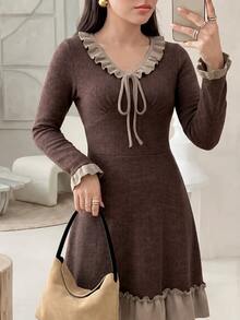 Rue Lumi Gaun Pendek Rajut Elegan Kasual Wanita Gaya Prancis, Warna Cokelat, Cocok untuk Kerja di Musim Gugur - Coklat - View 8