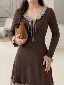 Rue Lumi Gaun Pendek Rajut Elegan Kasual Wanita Gaya Prancis, Warna Cokelat, Cocok untuk Kerja di Musim Gugur - Coklat - View 7