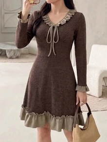 Rue Lumi Gaun Pendek Rajut Elegan Kasual Wanita Gaya Prancis, Warna Cokelat, Cocok untuk Kerja di Musim Gugur - Coklat - View 5