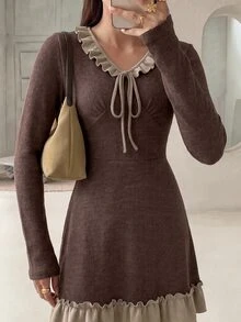 Rue Lumi Gaun Pendek Rajut Elegan Kasual Wanita Gaya Prancis, Warna Cokelat, Cocok untuk Kerja di Musim Gugur - Coklat - View 6