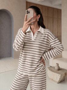 Rue Lumi Women's Off-White Stripe Colorblock Long Sleeve Top And Pants Casual Daily Set Lounge Autumn Brunch - Apricot - View 6