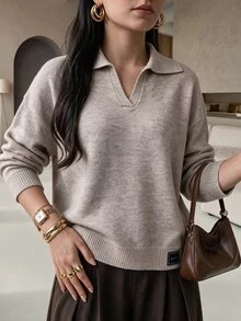 Rue Lumi Letter Patched Detail Drop Shoulder Sweater - Khaki - View 9