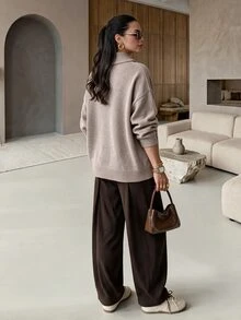 Rue Lumi Letter Patched Detail Drop Shoulder Sweater - Khaki - View 3