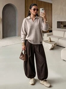 Rue Lumi Letter Patched Detail Drop Shoulder Sweater - Khaki - View 6