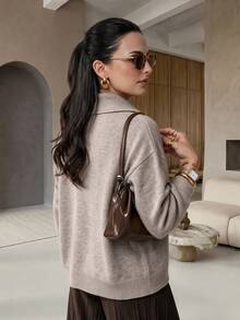 Rue Lumi Letter Patched Detail Drop Shoulder Sweater - Khaki - View 5