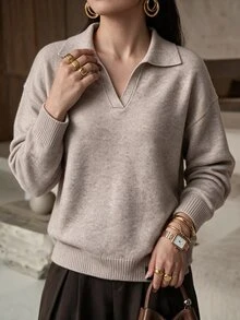 Rue Lumi Letter Patched Detail Drop Shoulder Sweater - Khaki - View 4