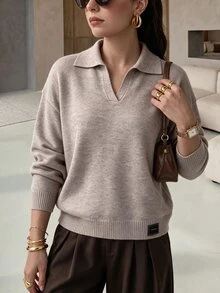 Rue Lumi Letter Patched Detail Drop Shoulder Sweater - Khaki - View 8