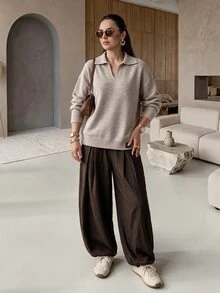 Rue Lumi Letter Patched Detail Drop Shoulder Sweater - Khaki - View 7