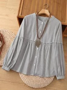 Rusticease Women's Plus Size Front Button Long Sleeve Shirt Brunch Formal Morning Grey Autumn Casual - Black and White - View 7