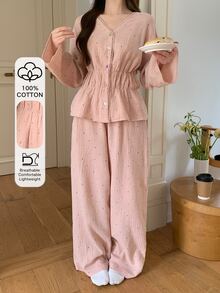 DAZY 女款甜美波點滿版印花 100% 純棉紋理布料蕾絲飾邊睡衣套裝，適合秋冬春季 - 粉色 - 查看 1