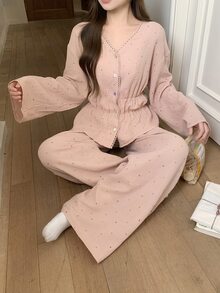 DAZY 女款甜美波點滿版印花 100% 純棉紋理布料蕾絲飾邊睡衣套裝，適合秋冬春季 - 粉色 - 查看 10