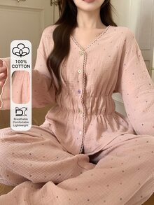 DAZY 女款甜美波點滿版印花 100% 純棉紋理布料蕾絲飾邊睡衣套裝，適合秋冬春季 - 粉色 - 查看 5