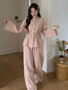 DAZY 女款甜美波點滿版印花 100% 純棉紋理布料蕾絲飾邊睡衣套裝，適合秋冬春季 - 粉色 - 查看 4